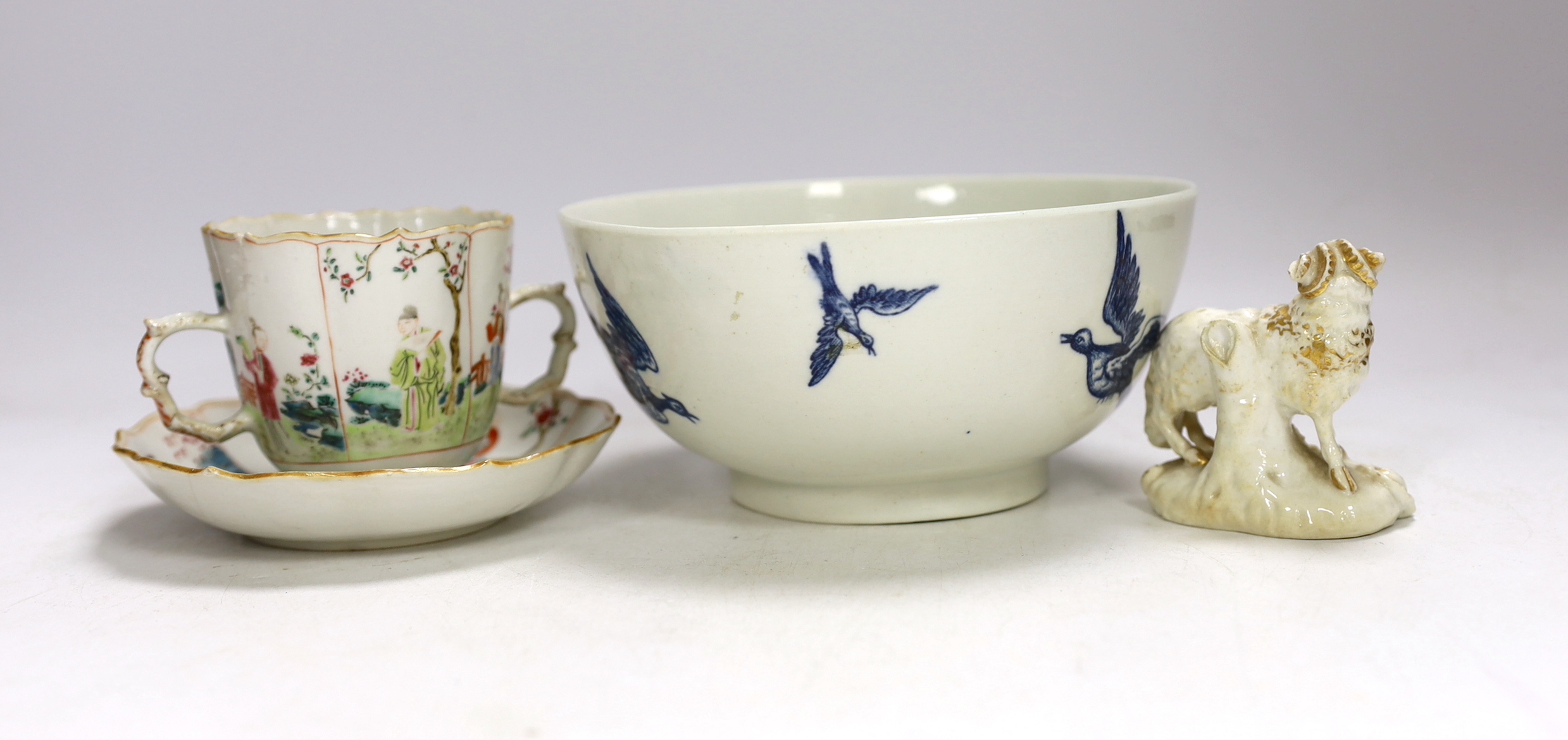 An 18th century Worcester bowl, Chinese cup and saucer and a Derby sheep, bowl 7.5cm